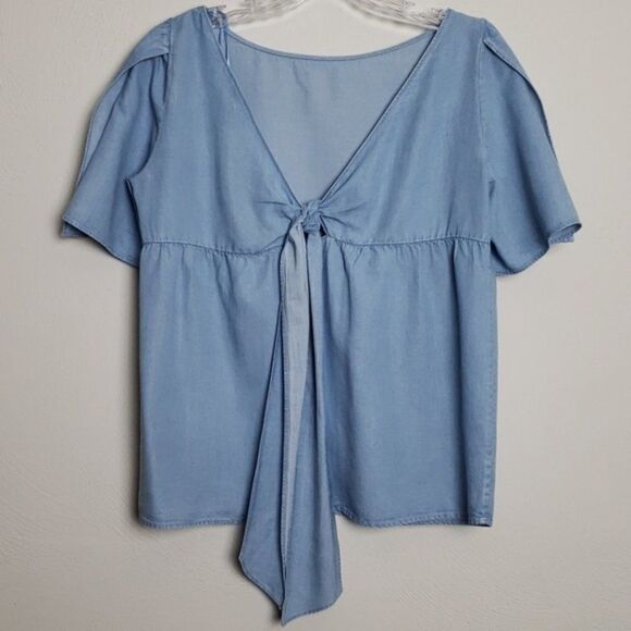 Chambray Massimo Dutti Tie-Back Bow Short Sleeve Blouse Top (NWT) - Picture 5 of 7